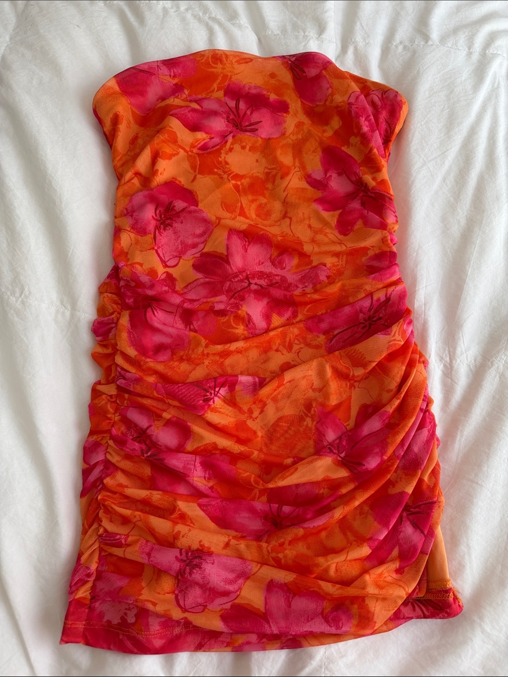 Strapless Orange & Hot Pink Floral Ruched Mini Dress